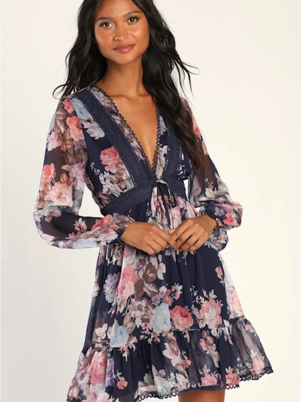 Lulus Navy Floral Tie-Waist Chiffon Dress with Crochet Trim